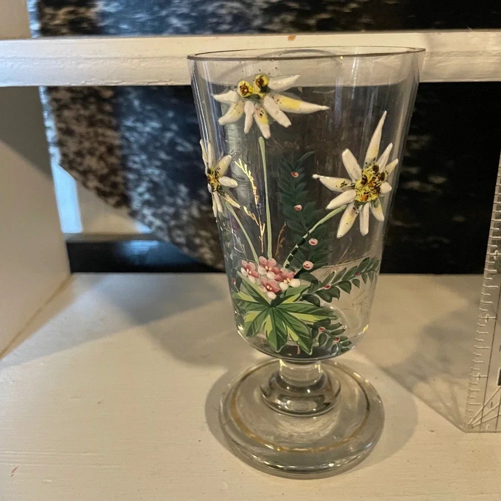 Vintage Floral‎ Edelweiss Clear Glass Footed Vase Bud Vase Hand Painted Decor